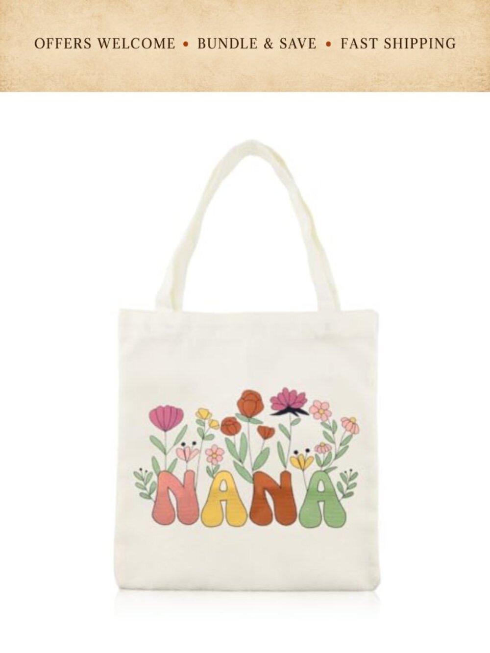 Nana Floral Canvas Tote Bag Reusable Grocery Beach Gift for Grandma
